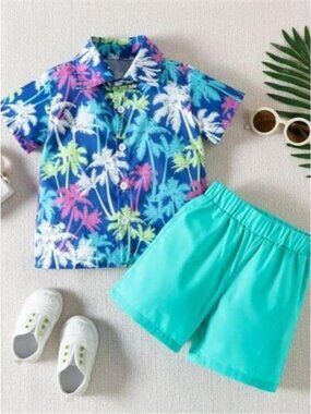 Children's Tropical Print Button-Up Shirt & Shorts Set